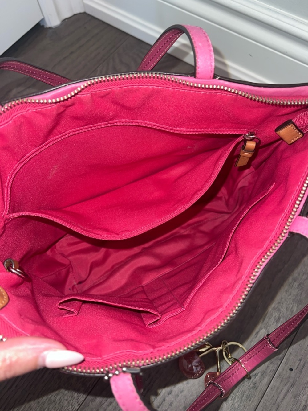 Coach Brown Logo Tote with Pink Trim and Cherry Charm - Picture 8 of 10